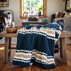 Chunky Knit Throw Blanket in Pine Green, Cream & Tan